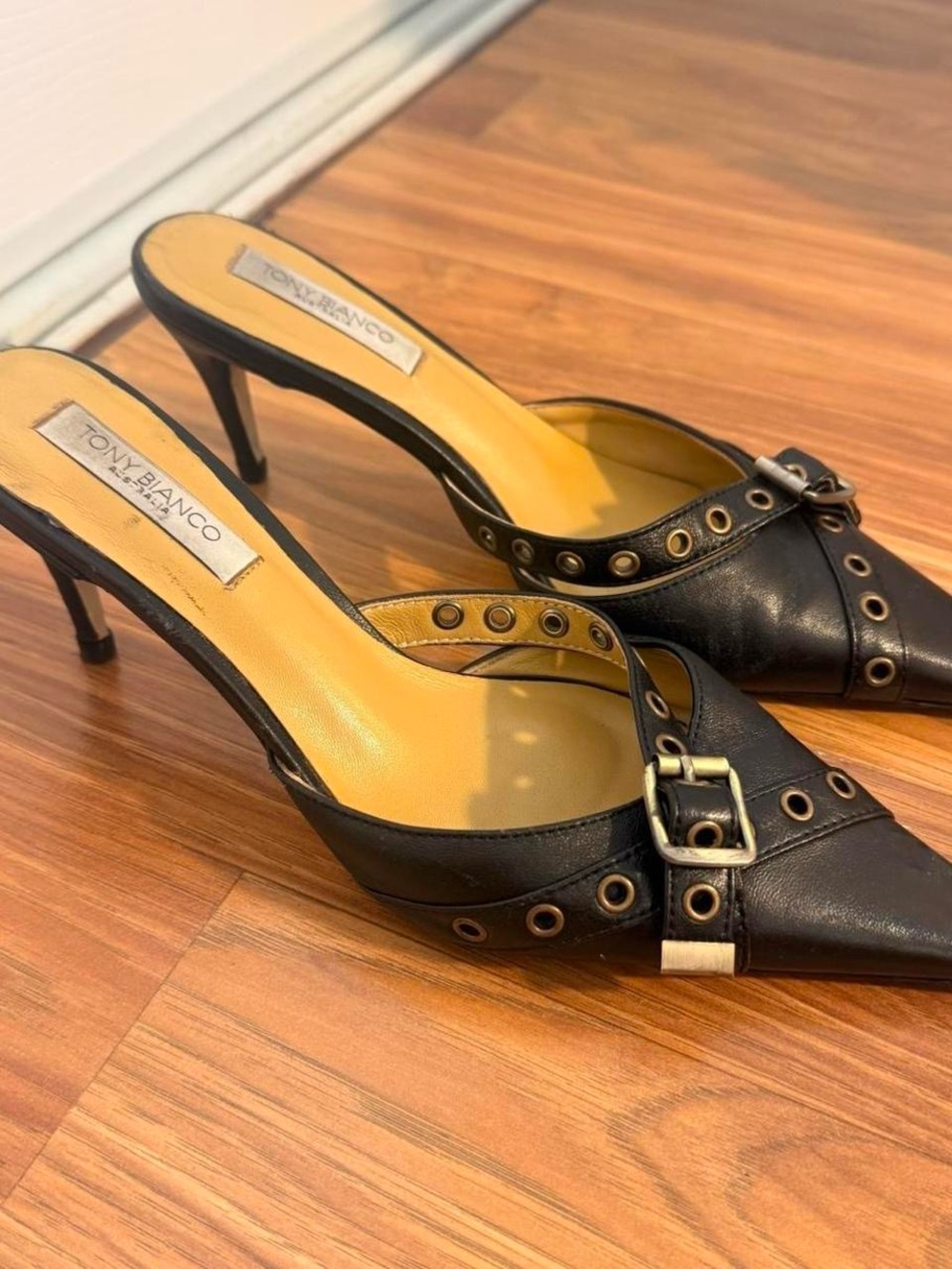 TONY BIANCO Savoir Mule in Black Napa pointed leather kitten heels
